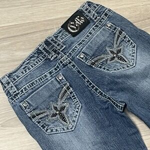 Cello Low Rise Boot Cut Jeans Embroidered Embellished Juniors 5 Y2K Distressed